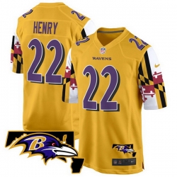 Men Baltimore Ravens 22 Derrick Henry Gold 2025 Maryland Flag Vapor Limited Football Game Jersey