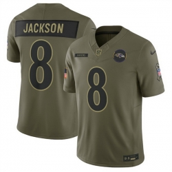 Men Baltimore Ravens 8 Lamar Jackson Olive 2025 Salute to Service Limited Stitched Football Jersey