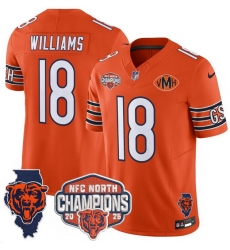 Men Chicago Bears  18 Caleb Williams Orange F U S E  2025 NFC North Champions Patch Limited Stitched Football Jersey