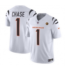 Men Cincinnati Bengals 1 Ja 27Marr Chase White 2023 F U S E  With John Madden Patch Vapor Limited Stitched Football Jersey