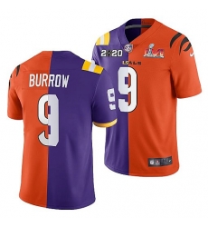 Men Cincinnati Bengals X LSU Tigers 9 Joe Burrow 2022 Purple Orange Split Super Bowl LVI Stitched Jerse