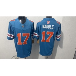 Men Denver Broncos  17 Jaylen Waddle Blue F U S E  With Patch Throwback Vapor Limited Stitched Football Jersey