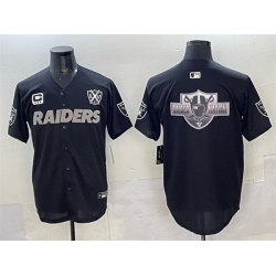 Men Las Vegas Raiders Team Big Logo Black With Nevada Silver Stat Patch And 65th Anniversary Patch 3 Star C Patch Stitched Baseball Jersey