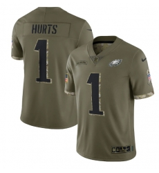 Men Philadelphia Eagles 1 Jalen Hurts Olive 2022 Salute To Service Limited Stitched Jersey