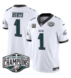 Men Philadelphia Eagles 1 Jalen Hurts White 2024 NFC East Champions With 3 Star C Patch F U S E  Vapor Untouchable Limited Stitched Football Jersey