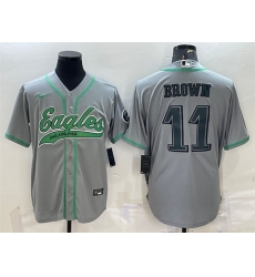 Men Philadelphia Eagles 11 A J  Brown Grey With Patch Cool Base Stitched Baseball Jersey