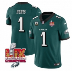 Women Philadelphia Eagles Jalen Hurts #1 Green 2024 2025 Super Bowl LIX Champions With C Patch F U S E Stitched NFL Jersey