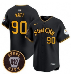 Men Pittsburgh Steelers 90 T J  Watt Black 412 Patch Vapor Premier Limited Stitched Baseball Jersey