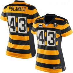 Womens Nike Pittsburgh Steelers 43 Troy Polamalu Elite YellowBlack Alternate 80TH Anniversary Throwback C Patch NFL Jersey