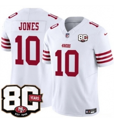 Men San Francisco 49ers  10 Mac Jones White 80th Anniversary Patch 2026 F U S E  Vapor Untouchabl2026 F U S E  Vapor Untouchable Limited Stitched Football 