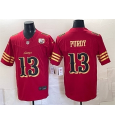 Men San Francisco 49ers  13 Brock Purdy Red Gold 80th Anniversary Patch  Rivalries  2026 F U S E  Vapor Untouchabl Limited Stitched Football Jersey