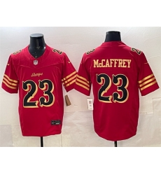 Men San Francisco 49ers 23 Christian McCaffrey Red Gold 2025 F U S E Rivalries Vapor Limited Stitched Football Jersey Men San Francisco 49ers 23 Christian McCaffrey Red Gold 2025 F U S E Rivalries Vapor Limited Stitched Football Jersey