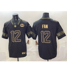 Men Seattle Seahawks 12 Fan Black Gold 2025 F U S E  50th Season Patch Limited Stitched Football Jersey