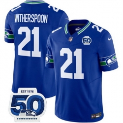 Men Seattle Seahawks 21 Devon Witherspoon Royal 2025 F U S E 50th Anniversary Patch Throwback Vapor Limited Stitched Football Jersey