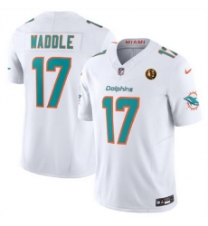 Men Miami Dolphins 17 Jaylen Waddle White 2023 F U S E  With John Madden Patch Vapor Limited Stitched Football Jersey