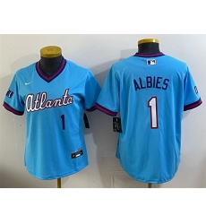 Women Atlanta Braves  1 Ozzie Albies Powder Blue 2026 City Connect Stadium Stitched Baseball Jersey