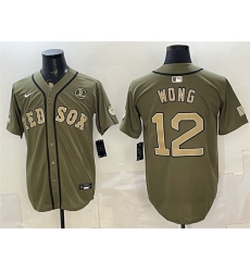 Men Boston Red Sox  12 Connor Wong Olive Armed Forces Day Cool Base Stitched Baseball Jersey