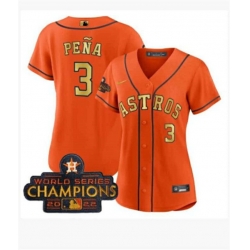 Women Houston Astros 3 Jeremy Pena Orange Gold 2022 World Series Champions Stitched Baseball Jersey