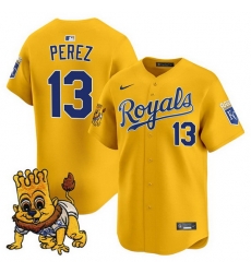 Men Kansas City Royals 13 Salvador Perez Gold Sluggerrr Patch Vapor Limited Stitched Baseball Jersey