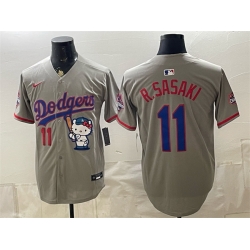 Men Los Angeles Dodgers  11 Roki Sasaki Grey Hello Kitty Night 2025 World Series Champions Patch Stitched Baseball Jersey