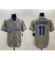 Men Los Angeles Dodgers 11 Roki Sasaki Grey With Patch Cool Base Stitched Baseball Jersey