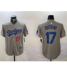 Men Los Angeles Dodgers 17 Shohei Ohtani Grey 2024 World Series Champions With Fernando Memorial Patch Limited Stitched Baseball Jersey