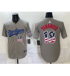 Men Los Angeles Dodgers  18 Yoshinobu Yamamoto Grey USA 250 Fourth of July Stitched Baseball Jersey