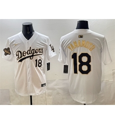 Men Los Angeles Dodgers 18 Yoshinobu Yamamoto White Gold 2025 World Series Champions Patch Limited Stitched Baseball Jersey