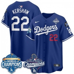 Men Los Angeles Dodgers 22 Clayton Kershaw Royal 2025 World Series Champions  26 Back to Back Champions With No 34 Patch Limited Stitched Baseball Jersey