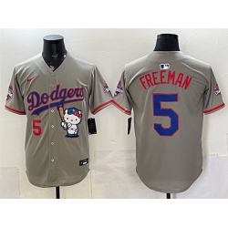 Men Los Angeles Dodgers  5 Freddie Freeman Grey Hello Kitty Night 2025 World Series Champions Patch Stitched Baseball Jersey