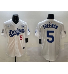 Men Los Angeles Dodgers 5 Freddie Freeman White 2024 World Series With No  34 Patch Home Limited Stitched Baseball Jersey