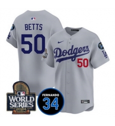 Men Los Angeles Dodgers 50 Mookie Betts Grey 2024 World Series With Fernando Memorial Patch Limited Stitched Baseball Jersey