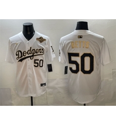 Men Los Angeles Dodgers 50 Mookie Betts White Gold 2025 World Series Patch Limited Stitched Baseball Jersey