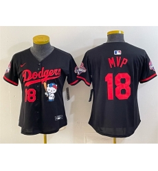 Women Los Angeles Dodgers  18 MVP Black Hello Kitty Night 2025 World Series Champions Patch Stitched Baseball Jersey