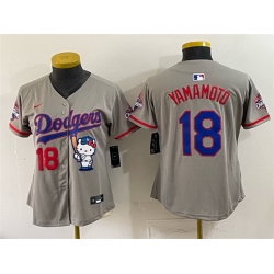Women Los Angeles Dodgers  18 Yoshinobu Yamamoto Grey Hello Kitty Night 2025 World Series Champions Patch Stitched Baseball Jersey