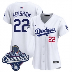 Women Los Angeles Dodgers 22 Clayton Kershaw White 2025 World Series Champions Home Cool Base Stitched Baseball Jersey 