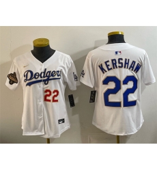 Women Los Angeles Dodgers 22 Clayton Kershaw White 2025 World Series Champions Patch Limited Stitched Baseball Jersey