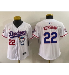 Women Los Angeles Dodgers  22 Clayton Kershaw White Hello Kitty Night 2025 World Series Champions Patch Stitched Baseball Jersey