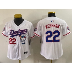 Women Los Angeles Dodgers  22 Clayton Kershaw White Hello Kitty Night 2025 World Series Champions Patch Stitched Baseball Jersey