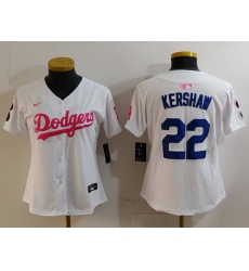 Women Los Angeles Dodgers 22 Clayton Kershaw White Pink Vin  26 Kobe Patch Stitched Baseball Jersey