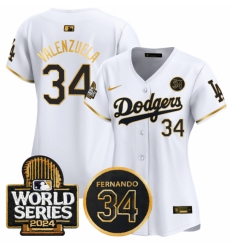 Women Los Angeles Dodgers 34 Fernando Valenzuela White Gold 2024 World Series  26 Fernando Memorial Patch Limited Stitched Baseball Jersey 28Run Small 29