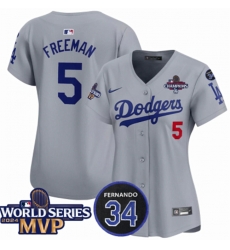 Women Los Angeles Dodgers 5 Freddie Freeman Grey 2024 World Series MVP  26 Fernando Memorial Patch Limited Stitched Baseball Jersey 28Run Small 29