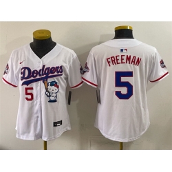 Women Los Angeles Dodgers  5 Freddie Freeman White Hello Kitty Night 2025 World Series Champions Patch Stitched Baseball Jersey