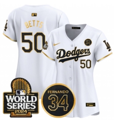 Women Los Angeles Dodgers 50 Mookie Betts White Gold 2024 World Series  26 Fernando Memorial Patch Limited Stitched Baseball Jersey 28Run Small 29