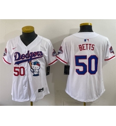 Women Los Angeles Dodgers 50 Mookie Betts White Hello Kitty Night 2025 World Series Champions Patch Stitched Baseball Jersey Women Los Angeles Dodgers 50 Mookie Betts White Hello Kitty Night 2025 World Series Champions Patch Stitched Baseball Jersey