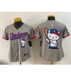 Women Los Angeles Dodgers Team Big Logo Grey Hello Kitty Night 2025 World Series Champions Patch Stitched Baseball Jersey
