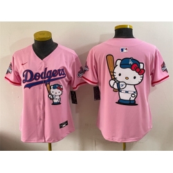 Women Los Angeles Dodgers Team Big Logo Pink Hello Kitty Night 2025 World Series Champions Patch Stitched Baseball Jersey