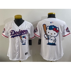 Women Los Angeles Dodgers Team Big Logo White Hello Kitty Night 2025 World Series Champions Patch Stitched Baseball Jersey
