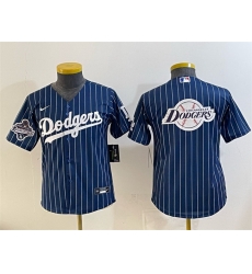 Youth Los Angeles Dodgers Team Big Logo Navy Pinstripe 2025 World Series Champions Patch Cool Base Stitched Baseball Jersey