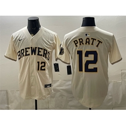 Men Milwaukee Brewers  12 Cooper Pratt Cream Stitched Baseball Jersey